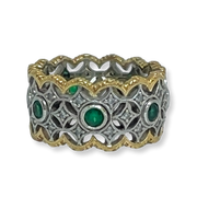 Emerald & Diamond Wide Ring 18K White and Yellow Gold 11mm .84ETW .35DTW