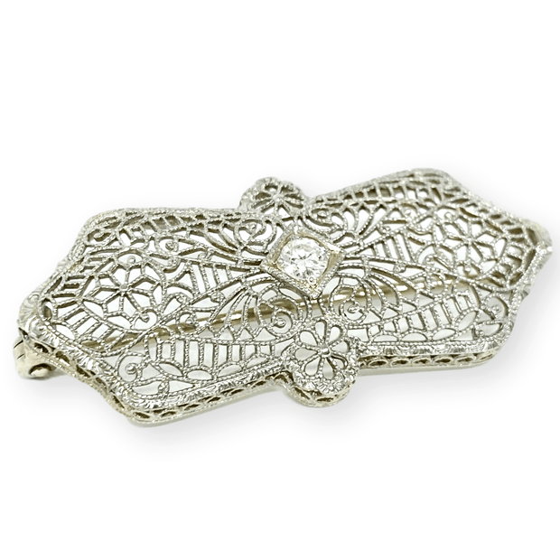Mark Areias Jewelers Jewellery & Watches Filigree Diamond Pin Brooch 14K White Gold 0.10 Carat