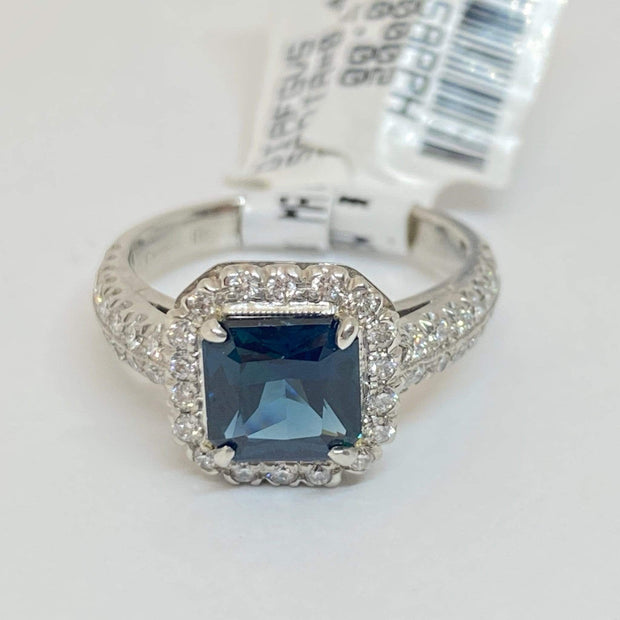 Mark Areias Jewelers Jewellery & Watches Handmade Custom Square Blue Sapphire & Diamond Halo Ring Platinum 1.77CT No Heat