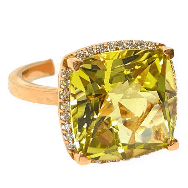 18kr Lisa Nik Cushion Lemon Quartz & Halo Diamond Ring 13mm – Mark