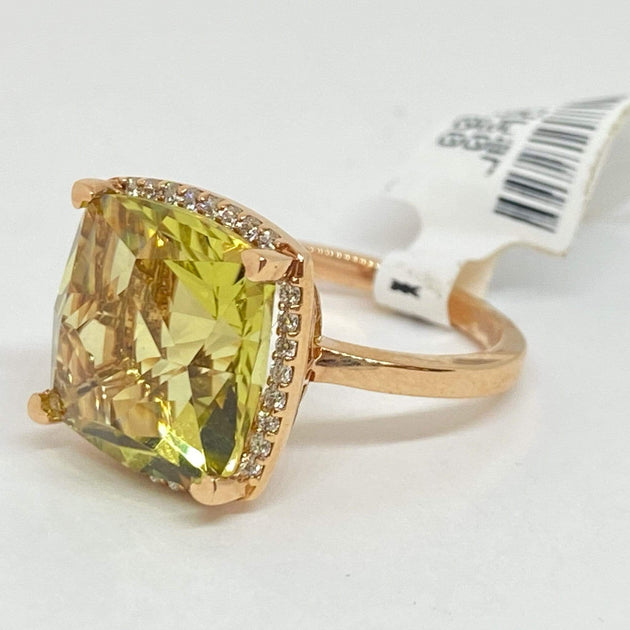 18kr Lisa Nik Cushion Lemon Quartz & Halo Diamond Ring 13mm – Mark