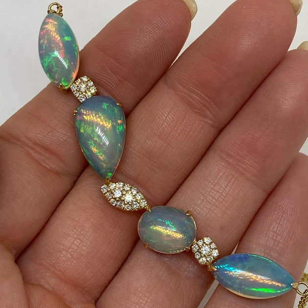 Natural Ethiopian Opal Diamond Necklace 14K Yellow Gold