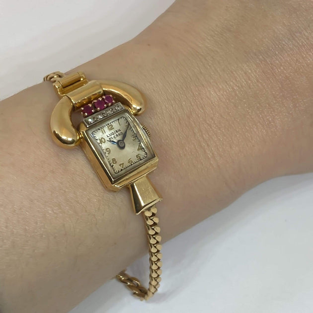 RARE Lucien Piccard 14kt Ruby Face Watch Lucien Piccard Dufonte Watch Women 14mm Champagne Dial Gold  main image 3