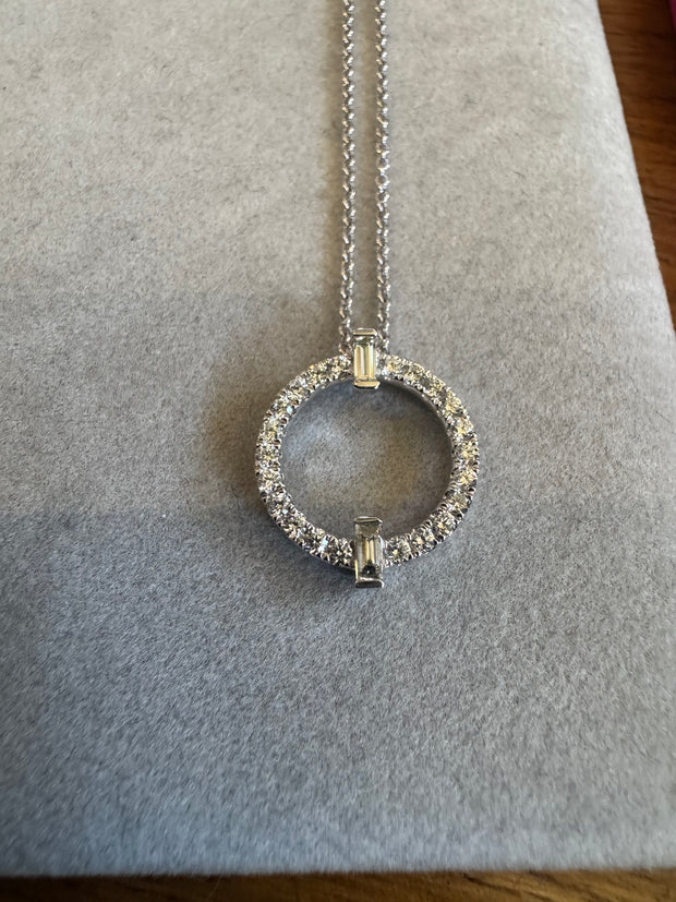 18KW Diamond circle necklace with baguette accents