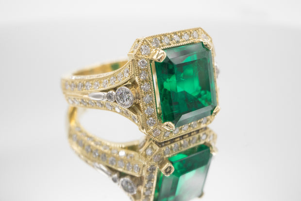 4.14CT Exquisite Handmade Emerald and Diamond Ring, Colombian| Platinum & 18K Gold