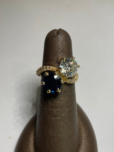 Twin ring with 2.33ctw RBC and 2.83ctw Rnd Blue Sapphire, 18KY, 0.21cts , sz 5.5diamond accent