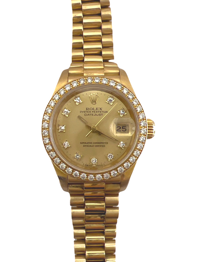 Pre-Owned Ladies Rolex President Diamond Dial/Bezel 18KY 26MM 69178 1989 Box