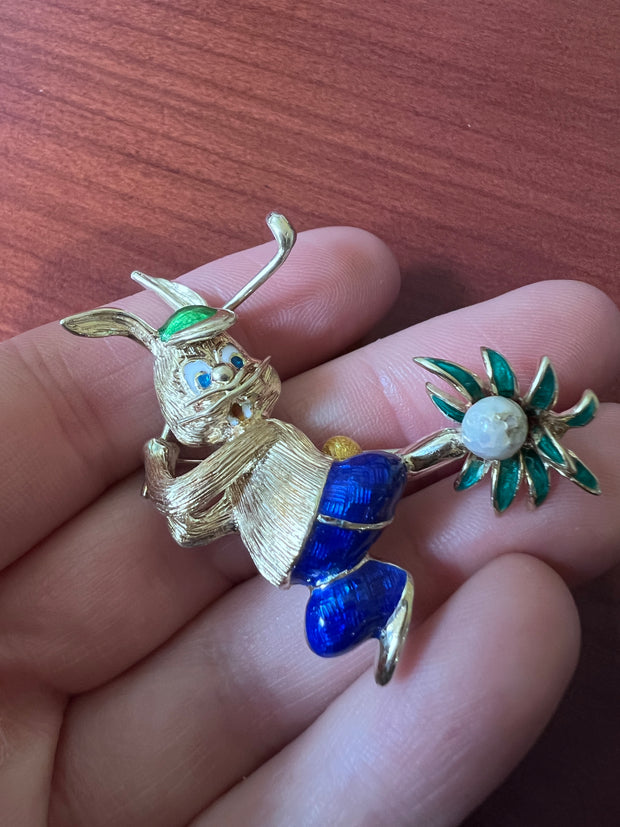 14K Bunny Golfer Enamel Pink Brooch "Martine" Designer  Italian