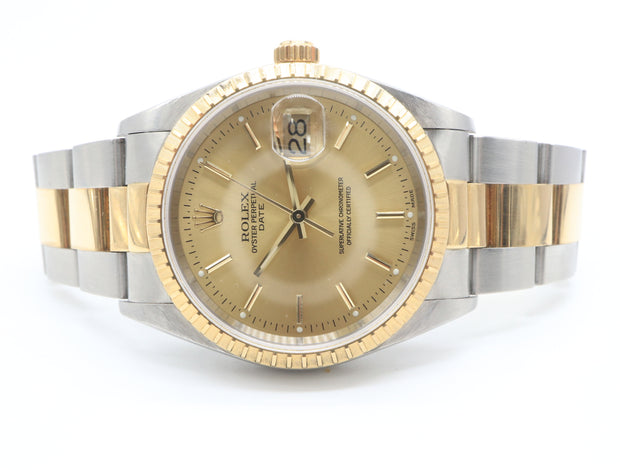 Rolex Date Oyster Perpetual Champagne Dial Steel/18KY Oyster Link Bracelet 15223 1999