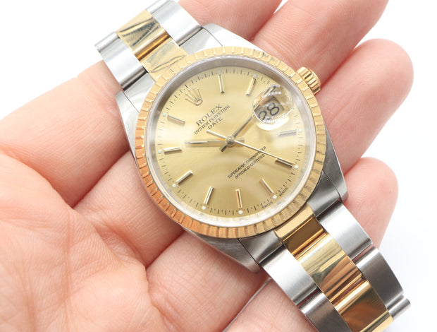 Rolex Date Oyster Perpetual Champagne Dial Steel/18KY Oyster Link Bracelet 15223 1999