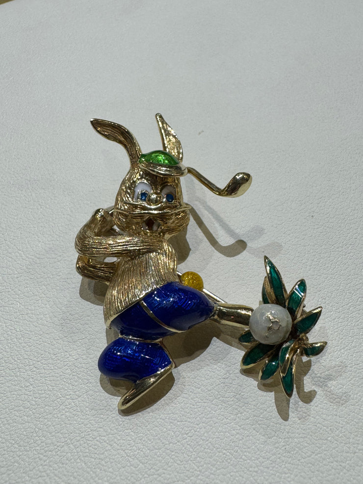 14K Bunny Golfer Enamel Pink Brooch "Martine" Designer  Italian