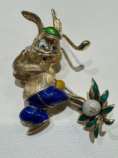 14K Bunny Golfer Enamel Pink Brooch "Martine" Designer  Italian