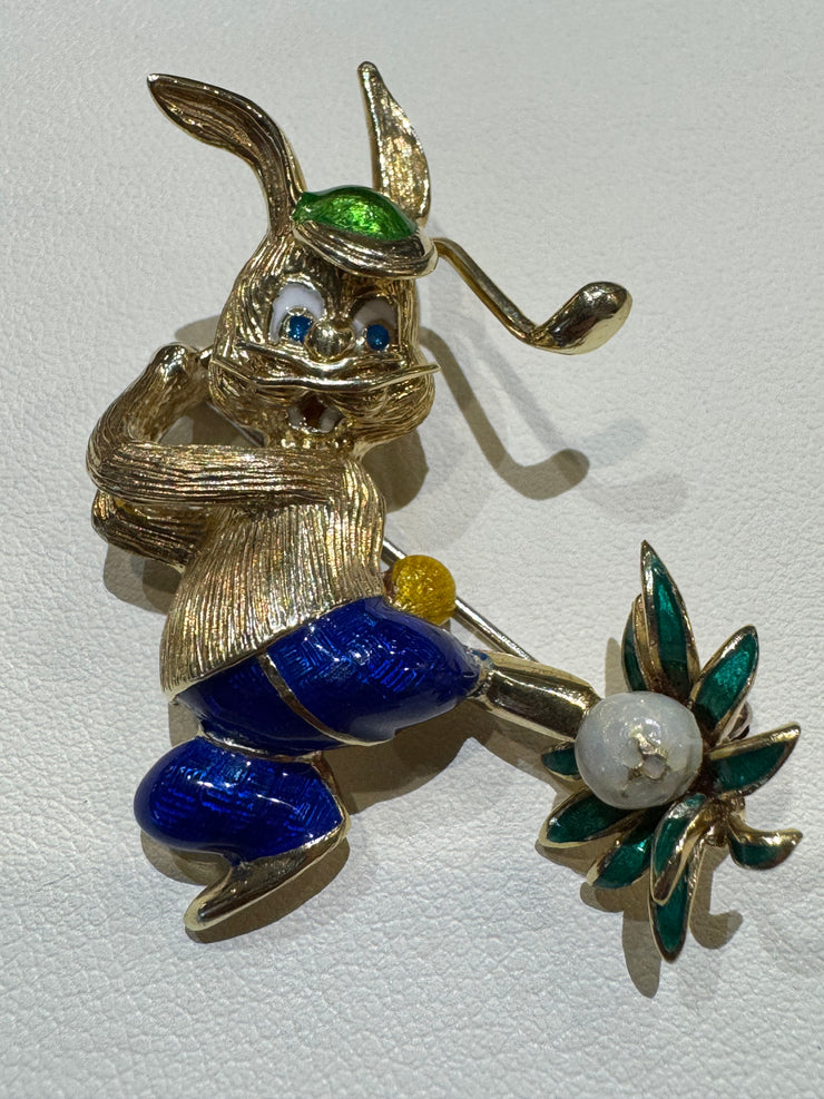 14K Bunny Golfer Enamel Pink Brooch "Martine" Designer  Italian