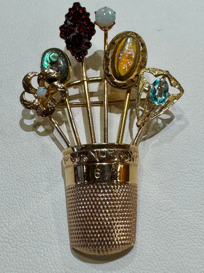 14KY-Brooch, six stick pins in thimble