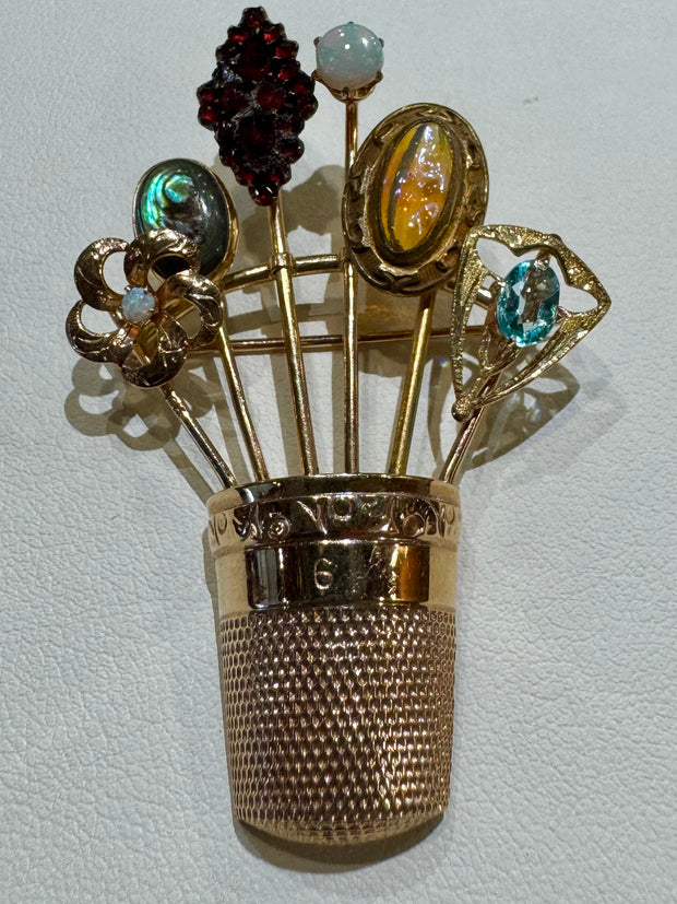 14KY-Brooch, six stick pins in thimble