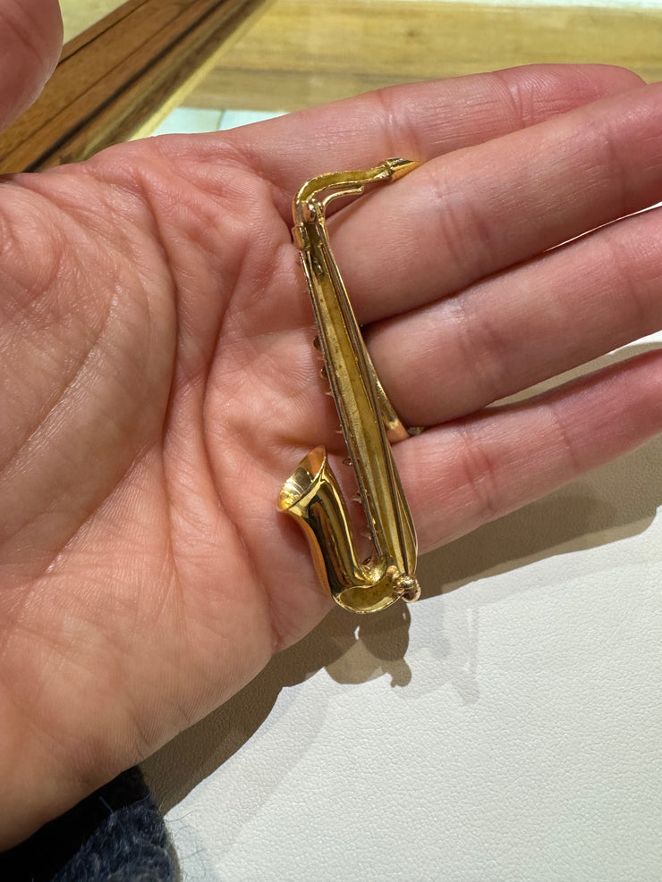 18K TT Saxophone Pin Brooch 2" Long