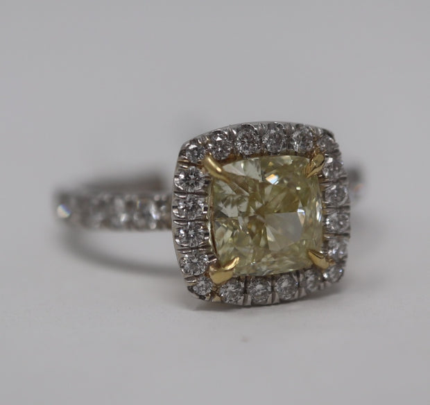 1.70CT Fancy Yellow Cushion Diamond Pave Halo And Shank VS2 .79ctw