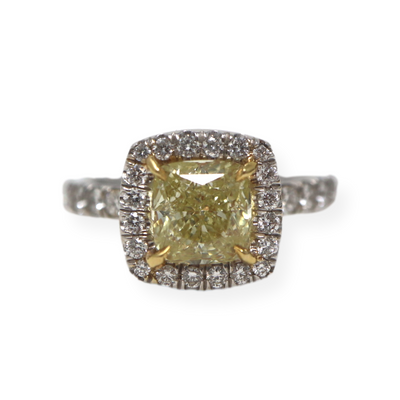 1.70CT Fancy Yellow Cushion Diamond Pave Halo And Shank VS2 .79ctw