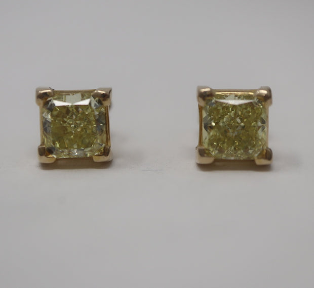 2.49CTW Fancy Intense Yellow Princess Cut Stud Earrings 14KY SI1 GIA