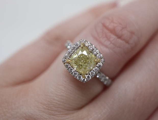 1.70CT Fancy Yellow Cushion Diamond Pave Halo And Shank VS2 .79ctw