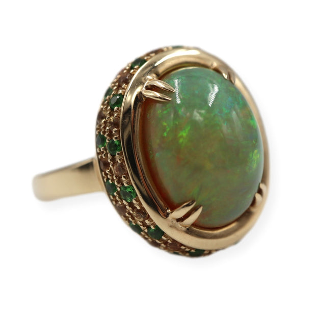 3.72 Opal & Tsavorite & Diamond Pave Halo Ring 14KY