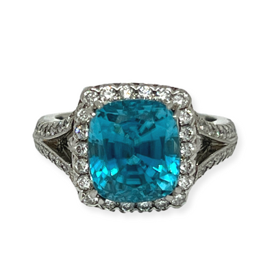 8.28CT Blue Zircon Handmade Diamond Platinum Ring