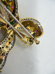 18KTT Multi Color Bow Brooch Sapphire, Ruby, Emerald, Garnet, & Diamond