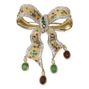 18KTT Multi Color Bow Brooch Sapphire, Ruby, Emerald, Garnet, & Diamond