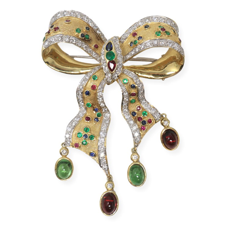 18KTT Multi Color Bow Brooch Sapphire, Ruby, Emerald, Garnet, & Diamond