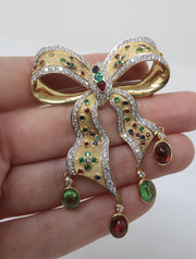 18KTT Multi Color Bow Brooch Sapphire, Ruby, Emerald, Garnet, & Diamond