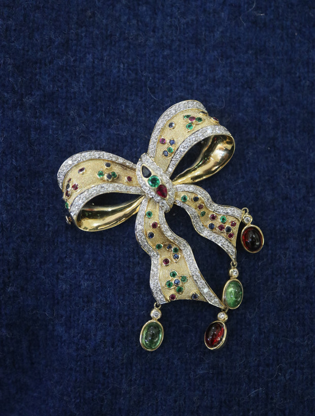 18KTT Multi Color Bow Brooch Sapphire, Ruby, Emerald, Garnet, & Diamond