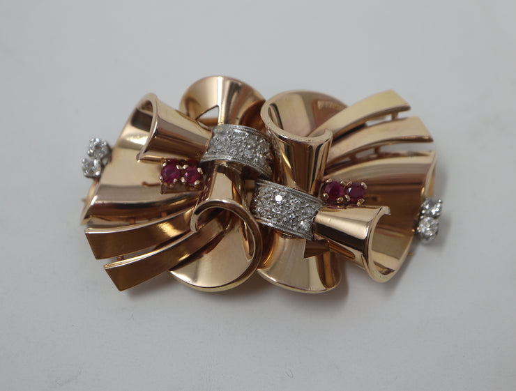 1940'S Dress Clips Rubies and Diamonds Convertable to Brooch 14K Rose Gold