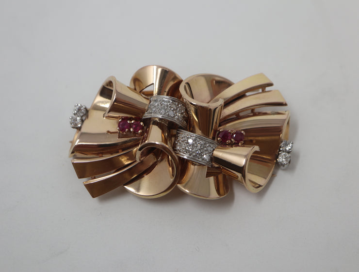 1940'S Dress Clips Rubies and Diamonds Convertable to Brooch 14K Rose Gold