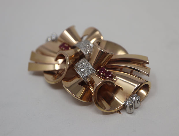 1940'S Dress Clips Rubies and Diamonds Convertable to Brooch 14K Rose Gold