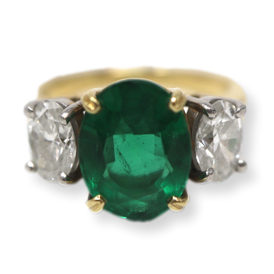 3.19CT Oval Emerald & Diamond Three Stone Ring in 18K & Platinum 1.04ctw G,VS