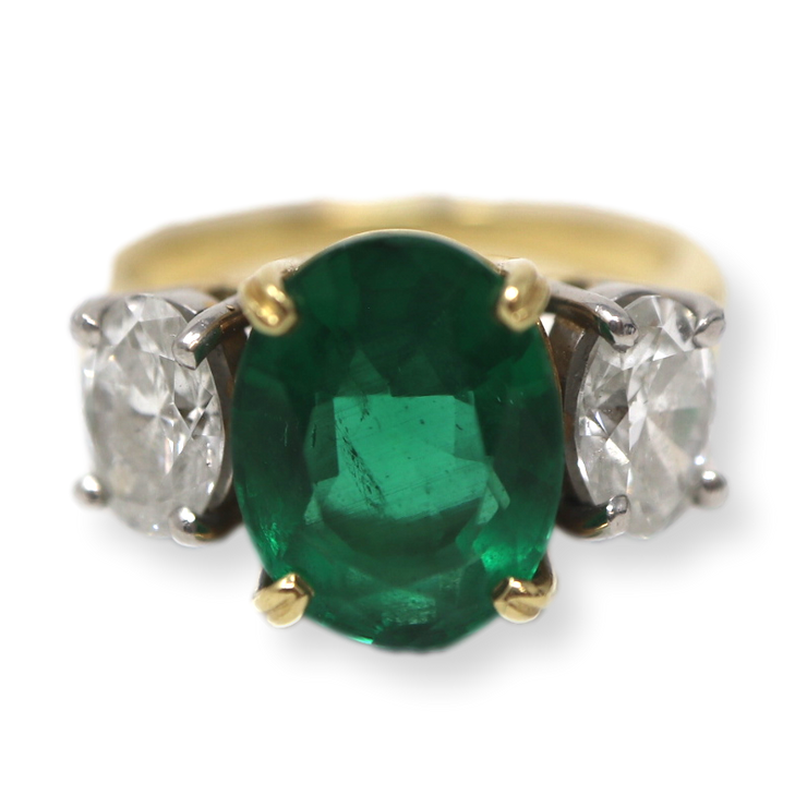 3.19CT Oval Emerald & Diamond Three Stone Ring in 18K & Platinum 1.04ctw G,VS