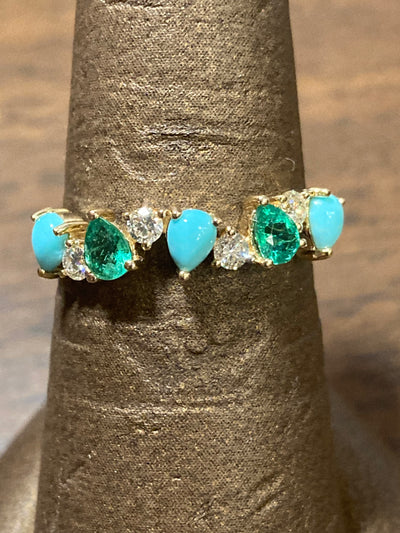 Emerald/Turq/diamond stacker band, 4RD=0.18tw; PT=0.30tw; 2PE=0.25tw, 14KY