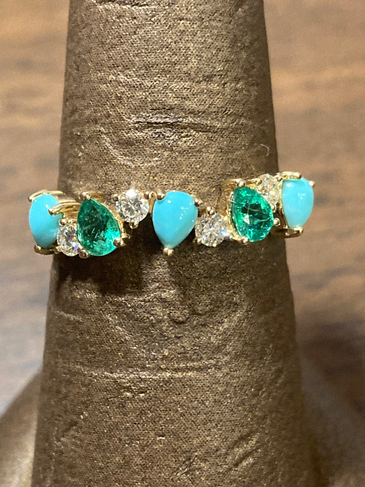 Emerald/Turq/diamond stacker band, 4RD=0.18tw; PT=0.30tw; 2PE=0.25tw, 14KY