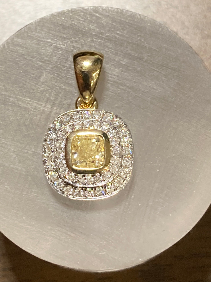 0.40cts. Fancy Yellow cushion with double halo pendant, 14KWY, 0.19cts RBC