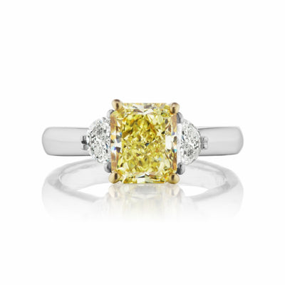 Plat 2.49 VVS2 GIA Fancy Yellow Radiant & Half Moon Three Stone Diamond Ring