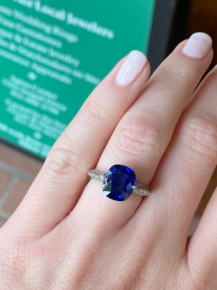 5.11 Carat Blue Sapphire and Diamond Ring in Platinum