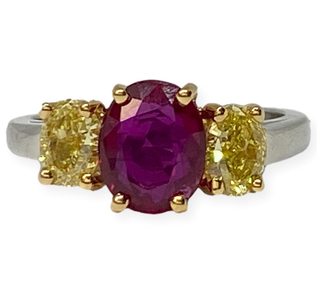 Oscar Heyman 2.07 Carat Burma No-Heat Ruby and Yellow Diamond Three-Stone Ring