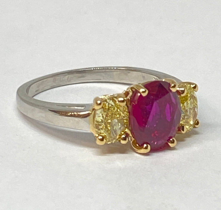 Oscar Heyman 2.07 Carat Burma No-Heat Ruby and Yellow Diamond Three-Stone Ring