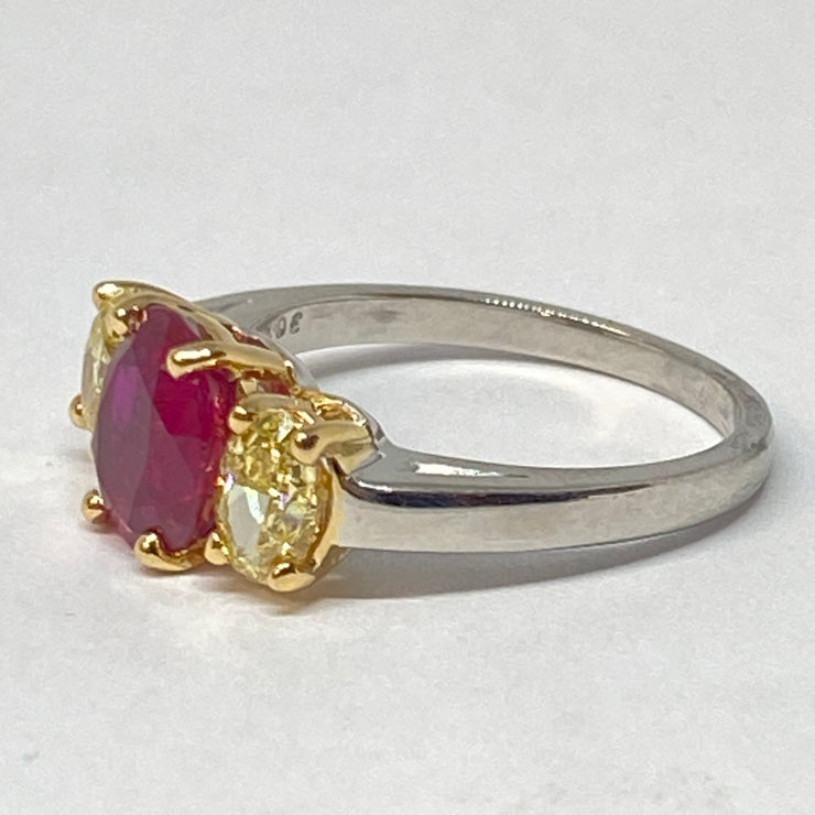 Oscar Heyman 2.07 Carat Burma No-Heat Ruby and Yellow Diamond Three-Stone Ring