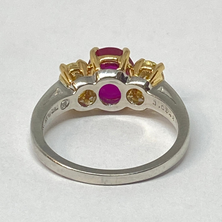 Oscar Heyman 2.07 Carat Burma No-Heat Ruby and Yellow Diamond Three-Stone Ring