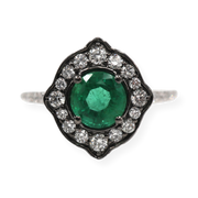 Emerald & Diamond Halo Vintage Style Solitaire Ring 18K