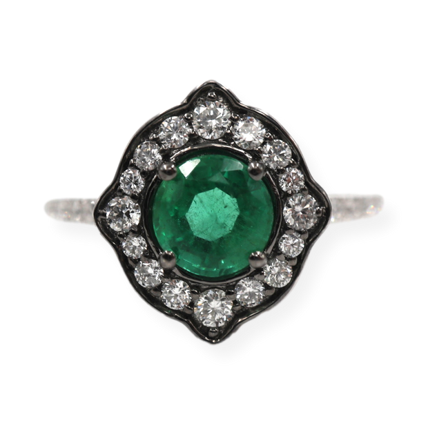 Emerald & Diamond Halo Vintage Style Solitaire Ring 18K