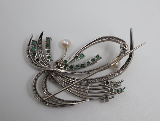 Platinum Emerald Brooch Large W/Diamond, Emerald, 2 Pearls