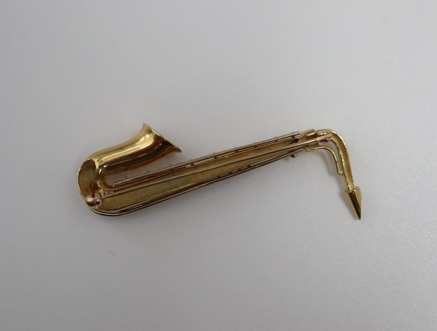 18K TT Saxophone Pin Brooch 2" Long