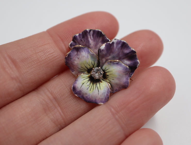 14KY Floral Enamel Pin With Old European Cut Diamond Center H-I, SI 0.25Cts - Bella